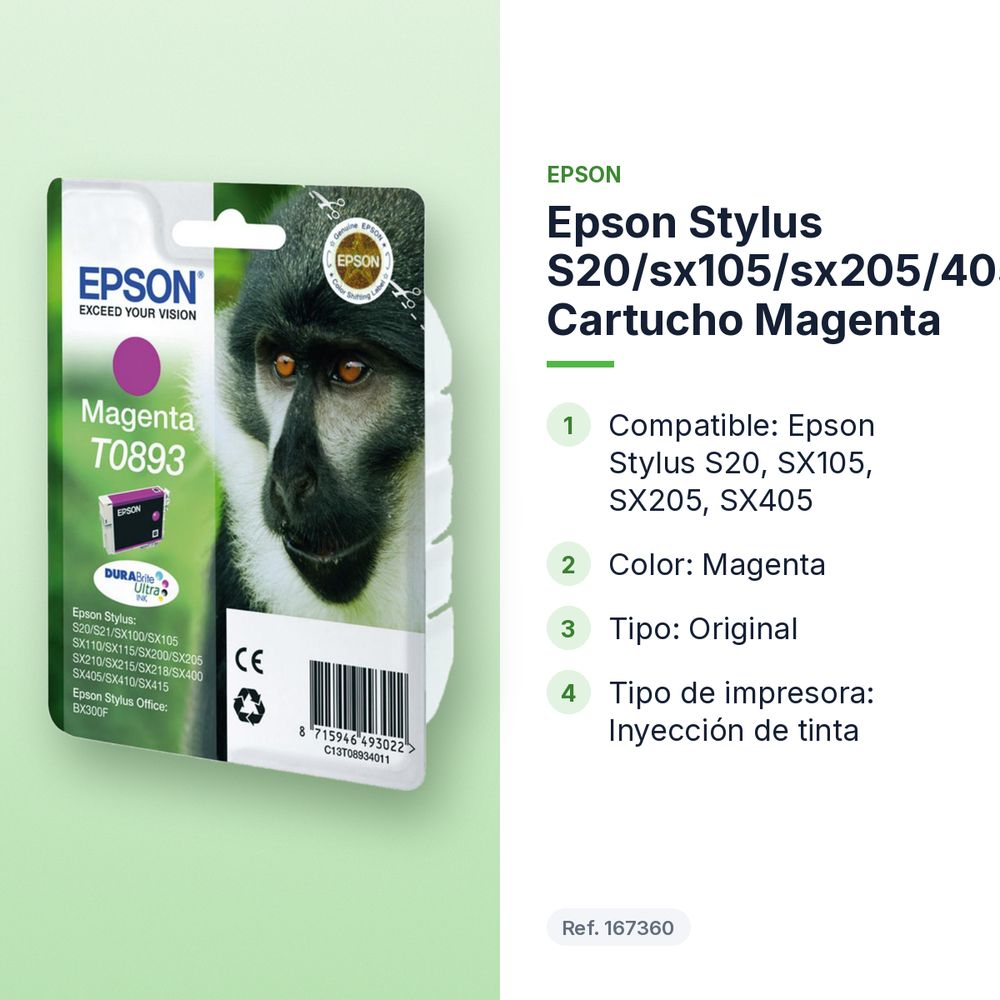 EPSON STYLUS S20/SX105/SX205/405 CARTUCHO MAGENTA - características principales