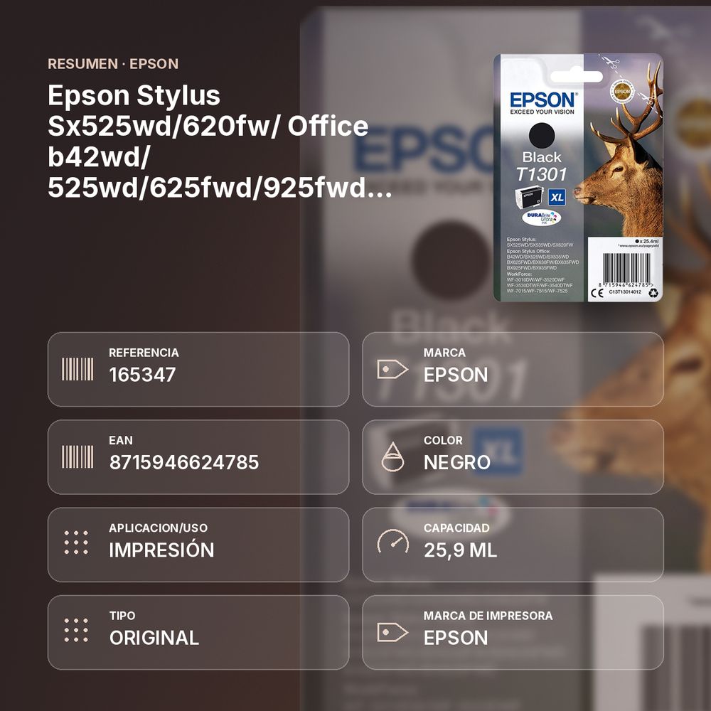 EPSON STYLUS SX525WD/620FW/ OFFICE B42WD/ 525WD/625FWD/925FWD CARTUCHO NEGRO - resumen de atributos