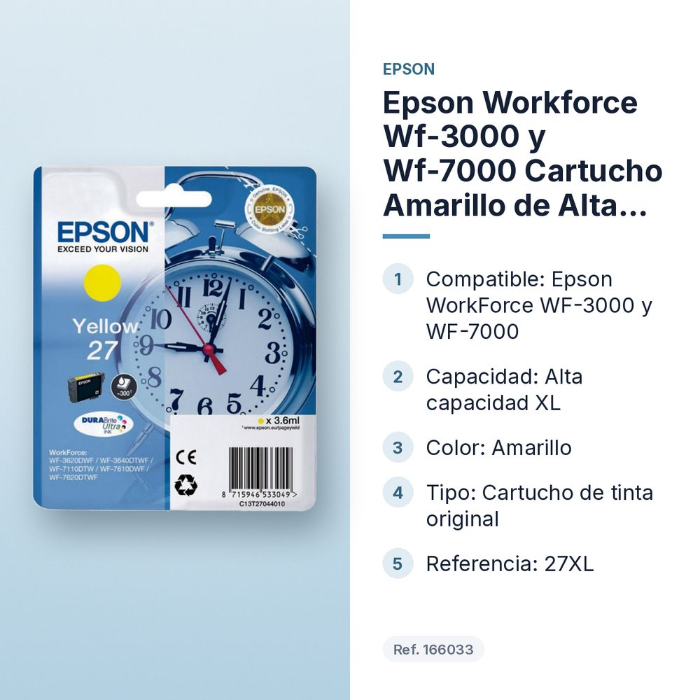 EPSON WORKFORCE WF-3000 Y WF-7000 CARTUCHO AMARILLO DE ALTA CAPACIDAD Nº27XL - características principales