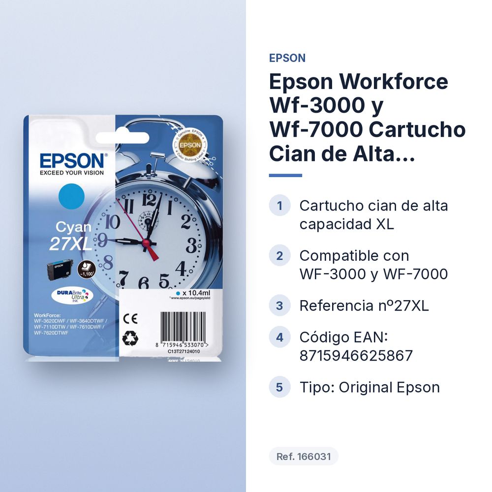 EPSON WORKFORCE WF-3000 Y WF-7000 CARTUCHO CIAN DE ALTA CAPACIDAD Nº27XL - características principales