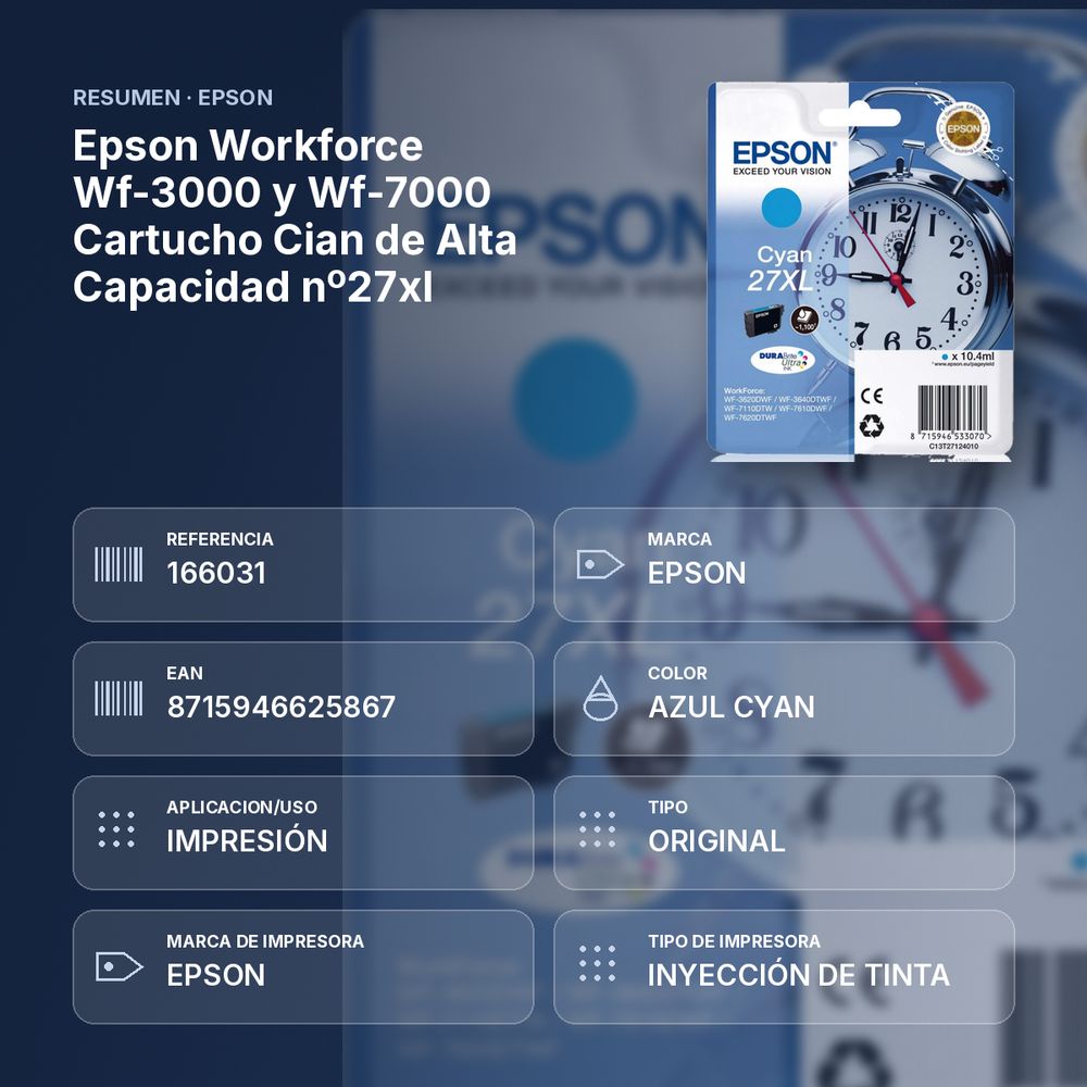 EPSON WORKFORCE WF-3000 Y WF-7000 CARTUCHO CIAN DE ALTA CAPACIDAD Nº27XL - resumen de atributos