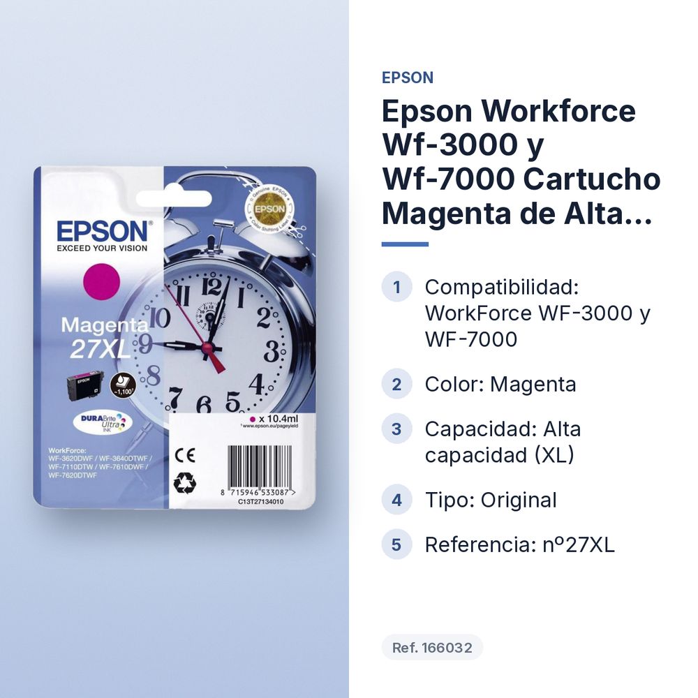 EPSON WORKFORCE WF-3000 Y WF-7000 CARTUCHO MAGENTA DE ALTA CAPACIDAD Nº27XL - características principales