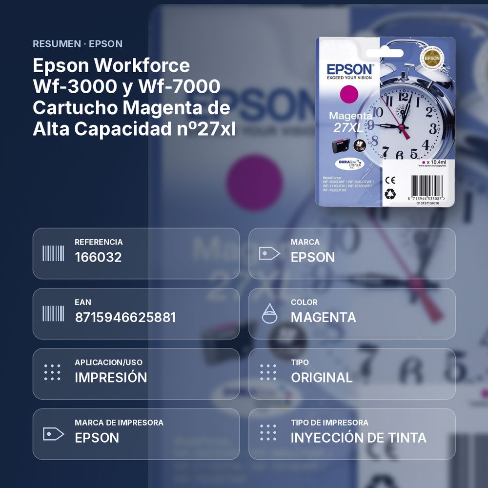 EPSON WORKFORCE WF-3000 Y WF-7000 CARTUCHO MAGENTA DE ALTA CAPACIDAD Nº27XL - resumen de atributos