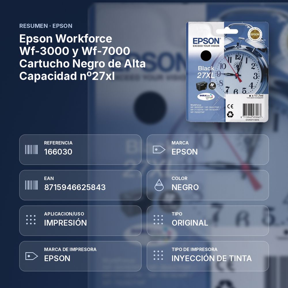 EPSON WORKFORCE WF-3000 Y WF-7000 CARTUCHO NEGRO DE ALTA CAPACIDAD Nº27XL - resumen de atributos