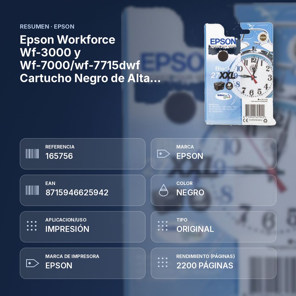EPSON WORKFORCE WF-3000 Y WF-7000/WF-7715DWF CARTUCHO NEGRO DE ALTA CAPACIDAD 2.200 PAG.Nº27XXL - resumen de atributos