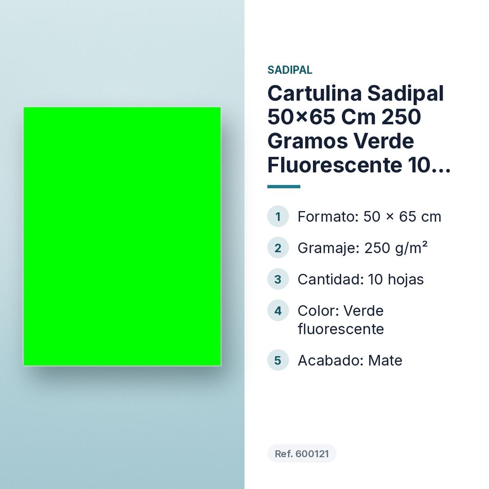 CARTULINA SADIPAL 50×65 CM 250 GRAMOS VERDE FLUORESCENTE 10 HOJAS - características principales
