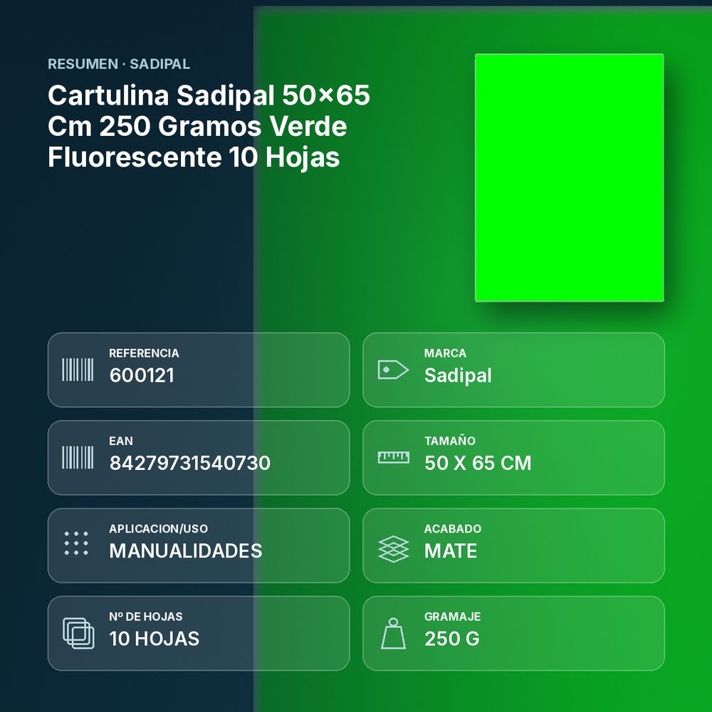 CARTULINA SADIPAL 50×65 CM 250 GRAMOS VERDE FLUORESCENTE 10 HOJAS - resumen de atributos
