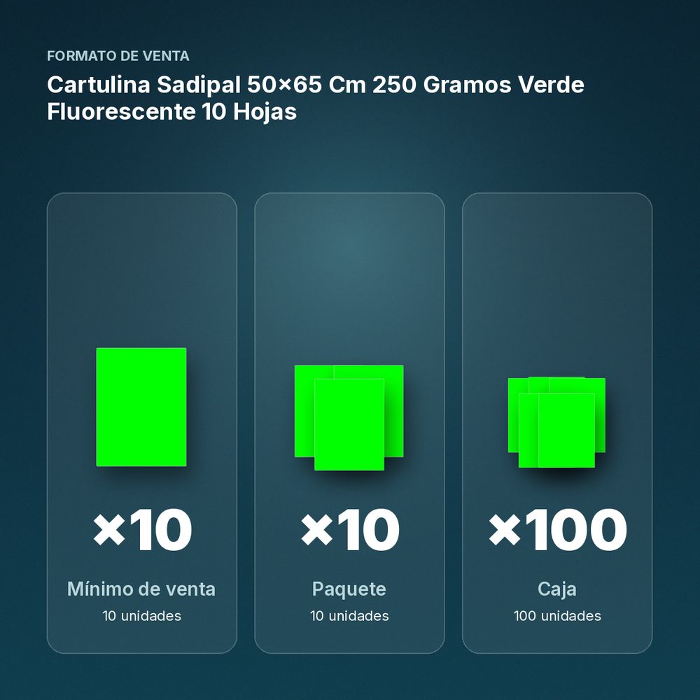 CARTULINA SADIPAL 50×65 CM 250 GRAMOS VERDE FLUORESCENTE 10 HOJAS - formato de venta: paquete de 10, caja de 100