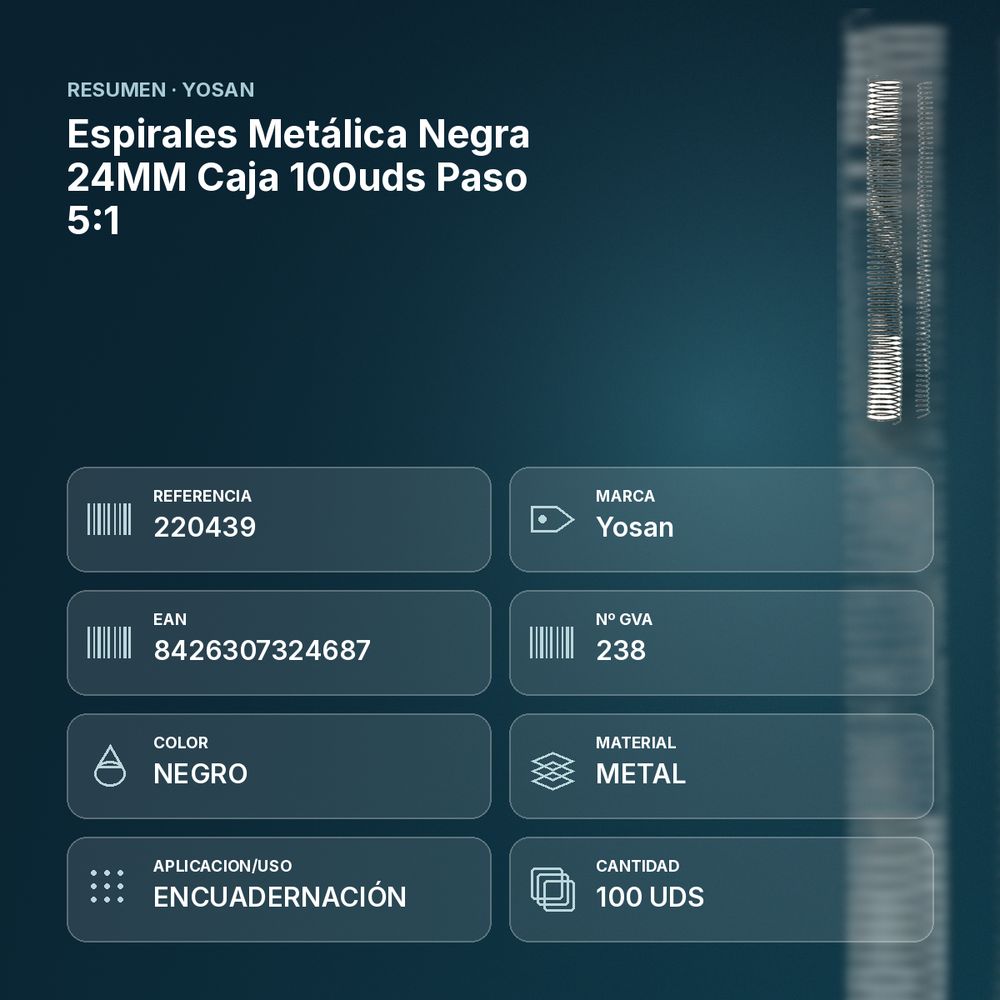 ESPIRALES METÁLICA NEGRA 24MM CAJA 100UDS PASO 5:1 - resumen de atributos