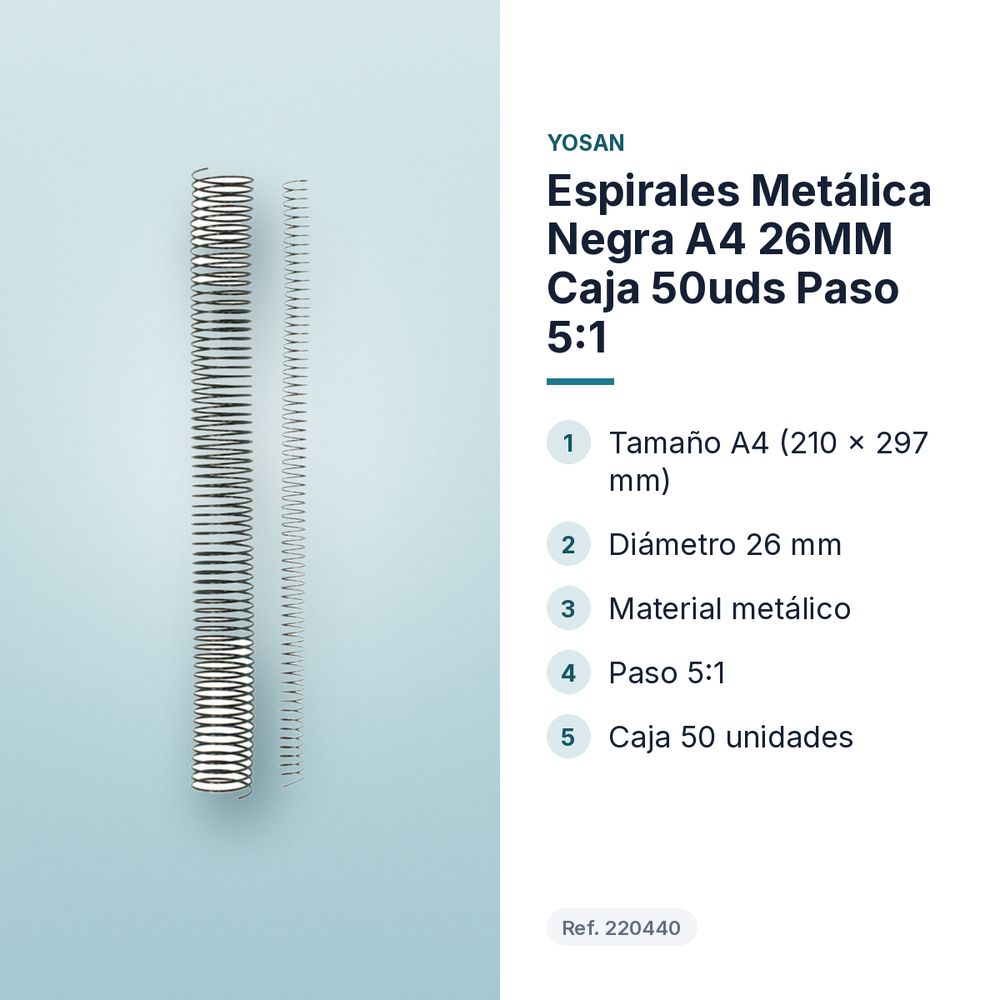 ESPIRALES METÁLICA NEGRA A4 26MM CAJA 50UDS PASO 5:1 - características principales