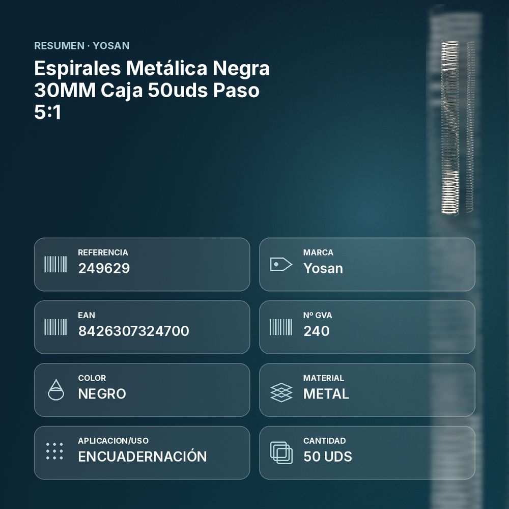 ESPIRALES METÁLICA NEGRA 30MM CAJA 50UDS PASO 5:1 - resumen de atributos