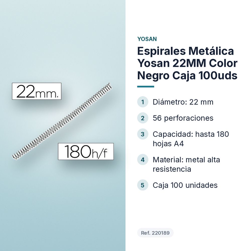 ESPIRALES METÁLICA YOSAN 22MM COLOR NEGRO CAJA 100UDS - características principales