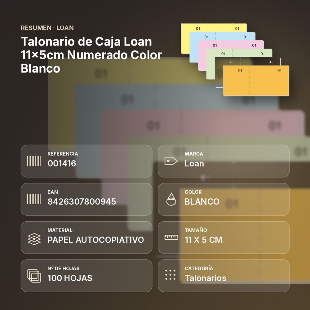 TALONARIO DE CAJA LOAN 11X5CM NUMERADO COLOR BLANCO - resumen de atributos