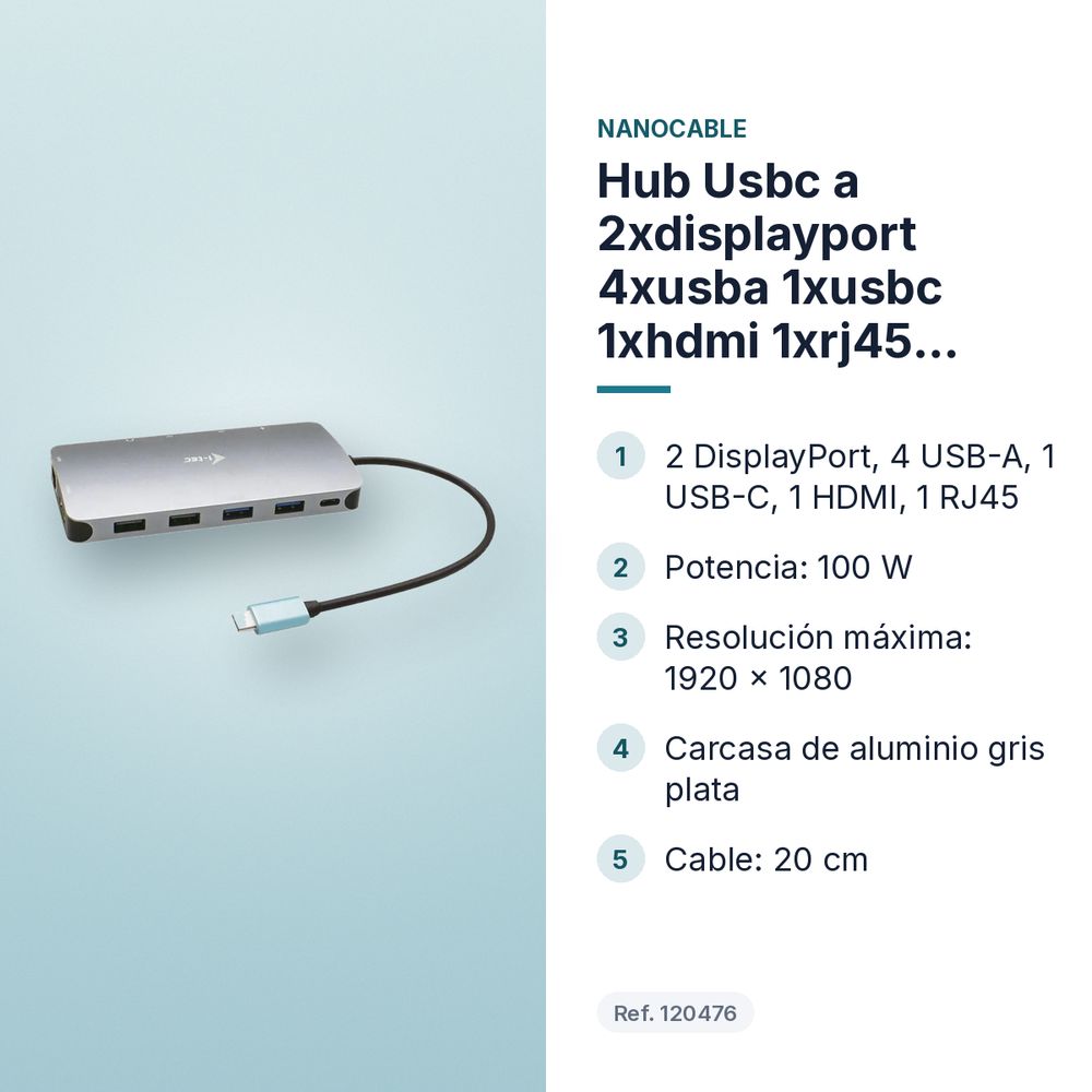 HUB USBC A  2XDISPLAYPORT 4XUSBA 1XUSBC 1XHDMI 1XRJ45 NANOCABLE - características principales