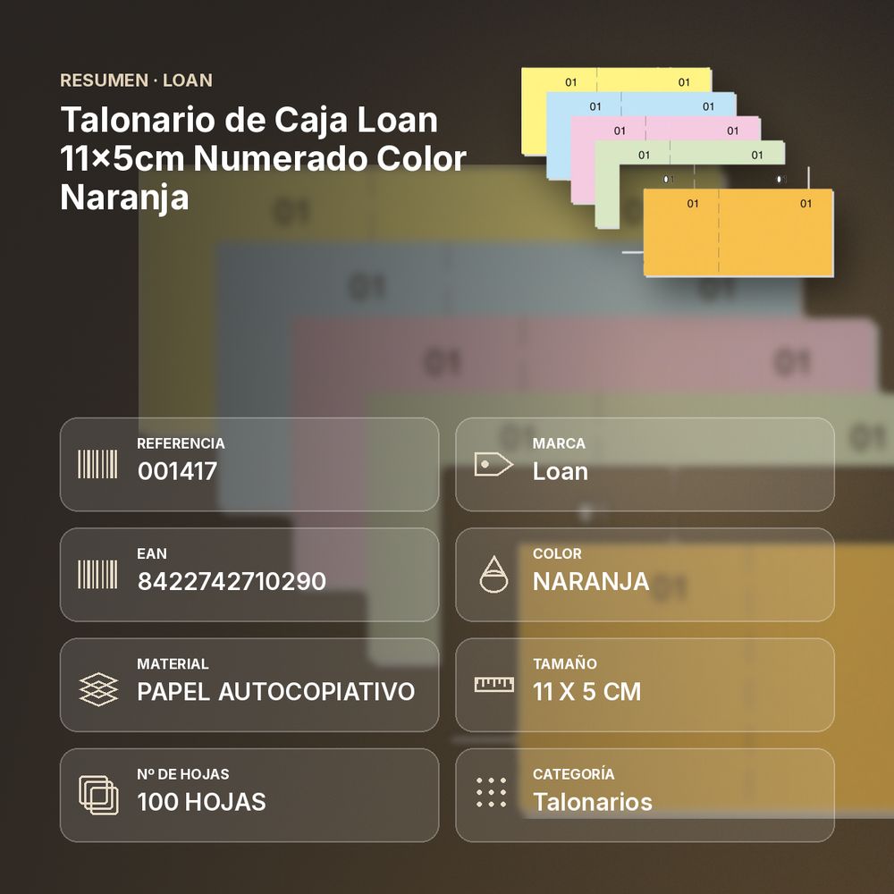 TALONARIO DE CAJA LOAN 11X5CM NUMERADO COLOR NARANJA - resumen de atributos