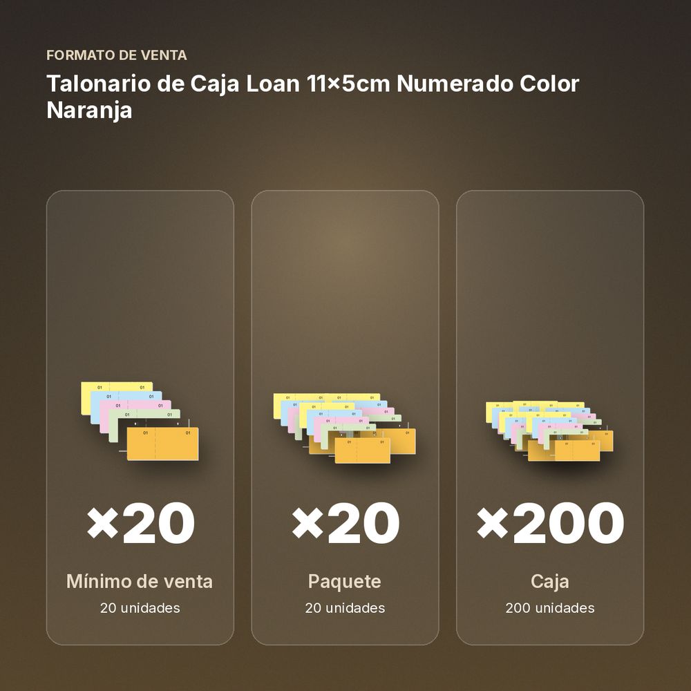 TALONARIO DE CAJA LOAN 11X5CM NUMERADO COLOR NARANJA - formato de venta: paquete de 20, caja de 200