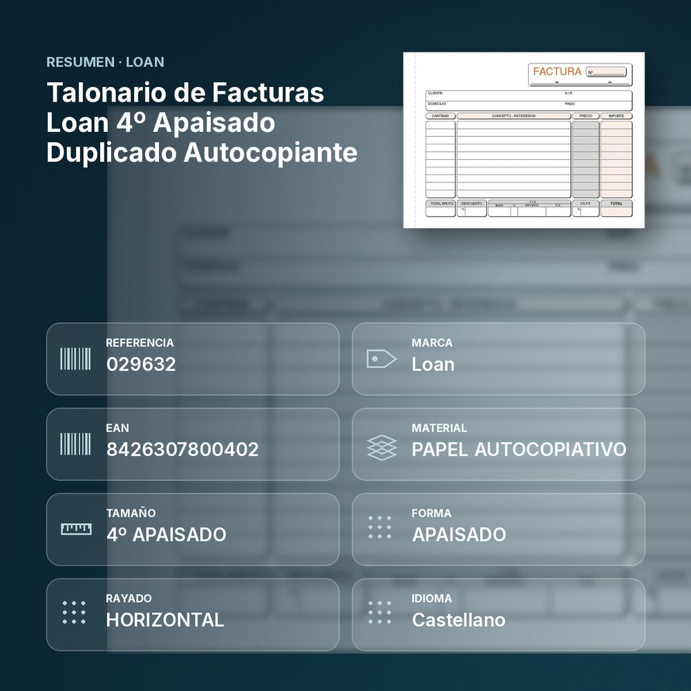 TALONARIO DE FACTURAS LOAN 4º APAISADO DUPLICADO AUTOCOPIANTE - resumen de atributos