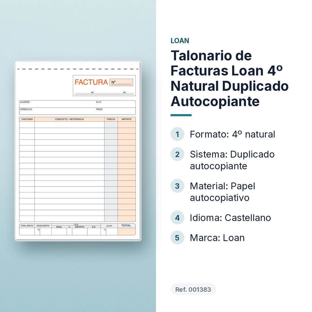 TALONARIO DE FACTURAS LOAN 4º NATURAL DUPLICADO AUTOCOPIANTE - características principales