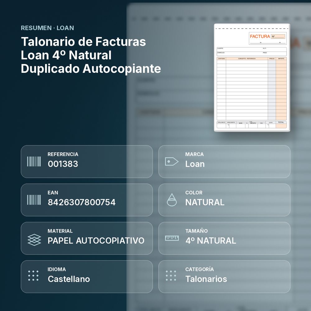 TALONARIO DE FACTURAS LOAN 4º NATURAL DUPLICADO AUTOCOPIANTE - resumen de atributos