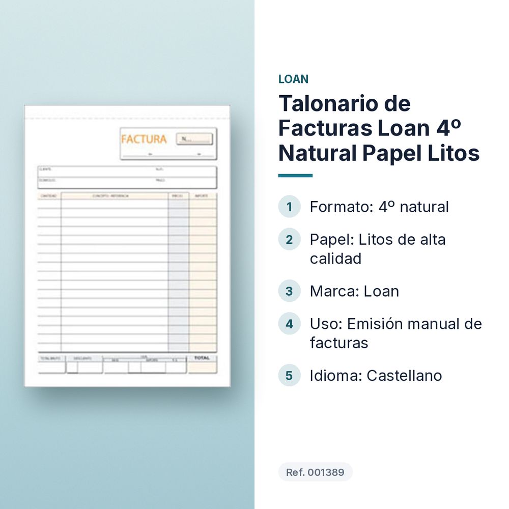 TALONARIO DE FACTURAS LOAN 4º NATURAL PAPEL LITOS - características principales