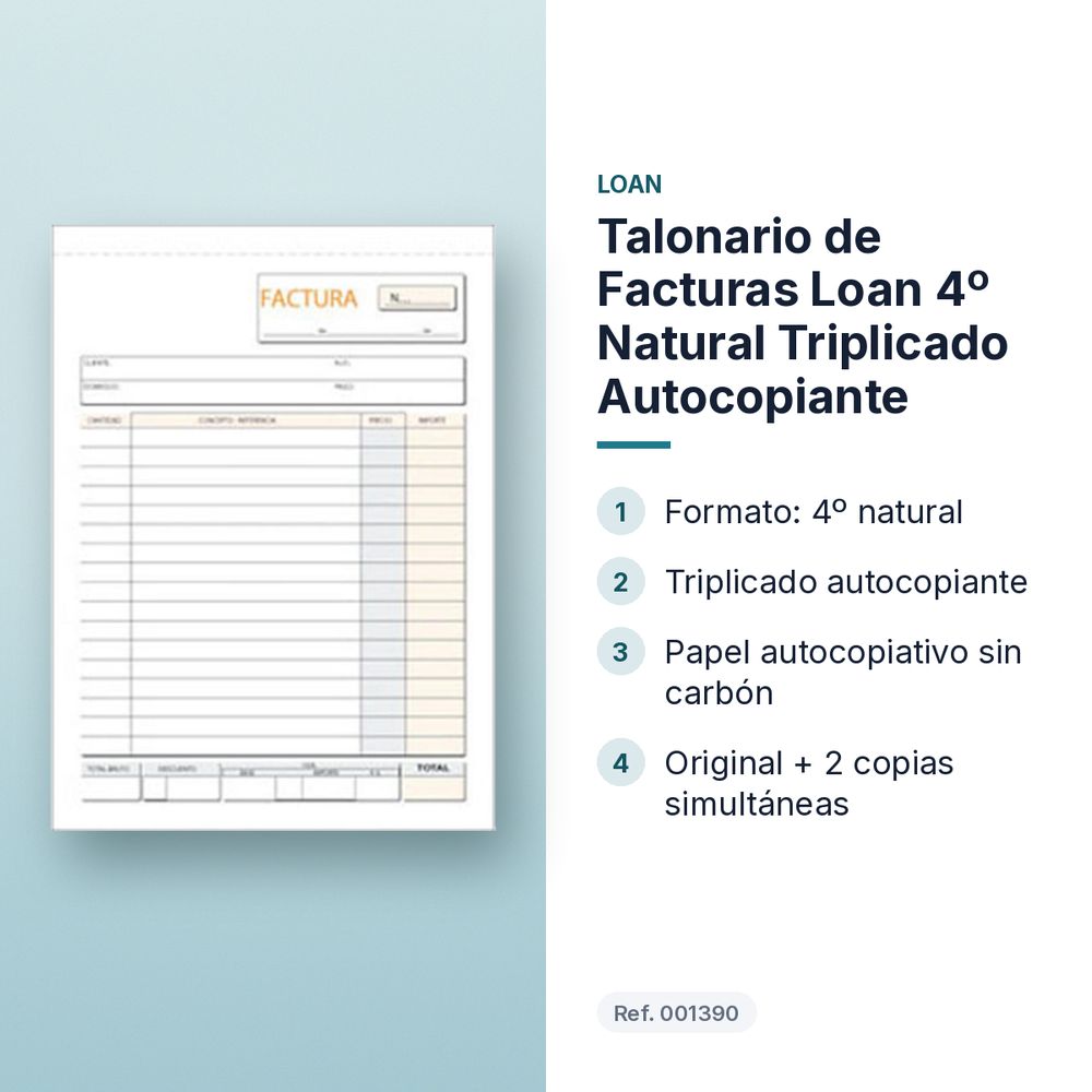 TALONARIO DE FACTURAS LOAN 4º NATURAL TRIPLICADO AUTOCOPIANTE - características principales