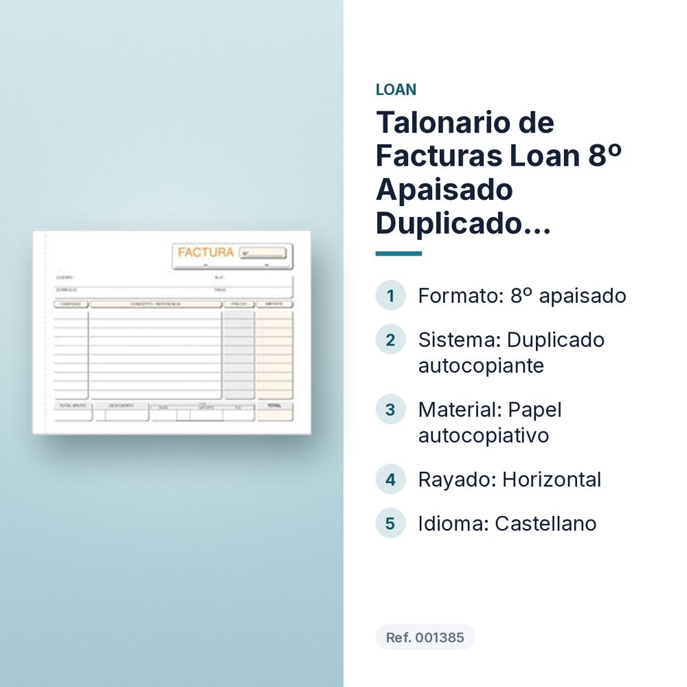 TALONARIO DE FACTURAS LOAN 8º APAISADO DUPLICADO AUTOCOPIANTE - características principales