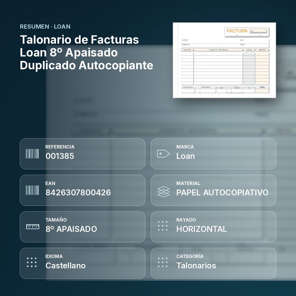 TALONARIO DE FACTURAS LOAN 8º APAISADO DUPLICADO AUTOCOPIANTE - resumen de atributos