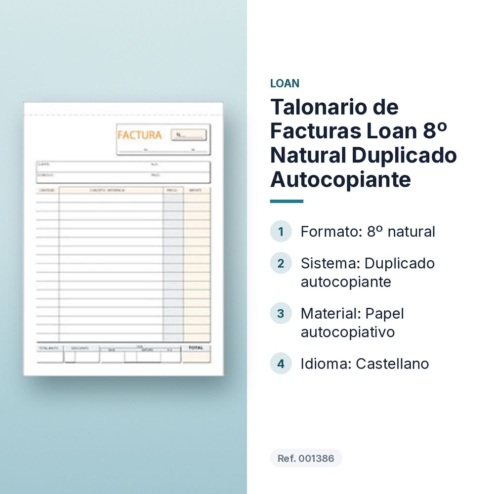 TALONARIO DE FACTURAS LOAN 8º NATURAL DUPLICADO AUTOCOPIANTE - características principales