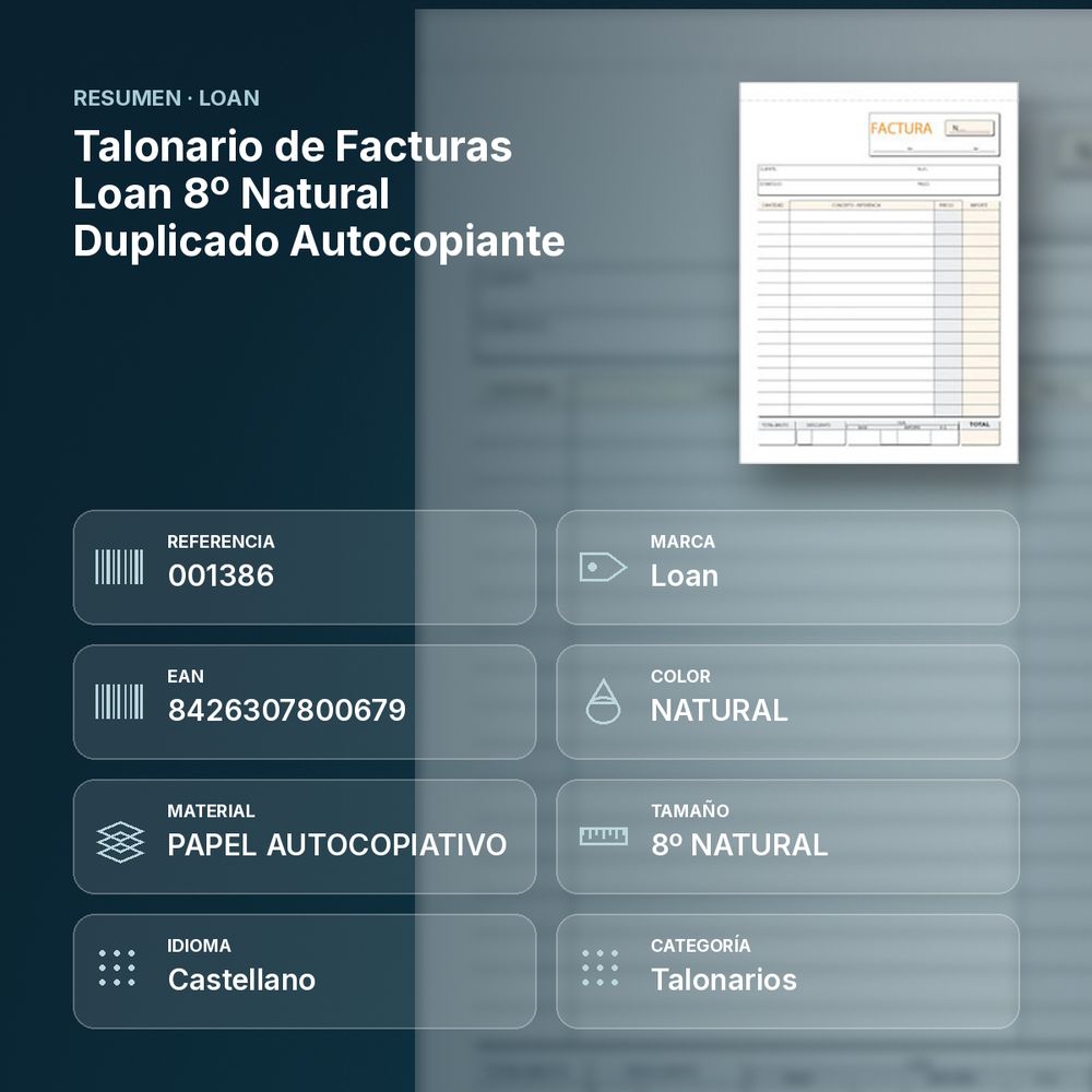 TALONARIO DE FACTURAS LOAN 8º NATURAL DUPLICADO AUTOCOPIANTE - resumen de atributos