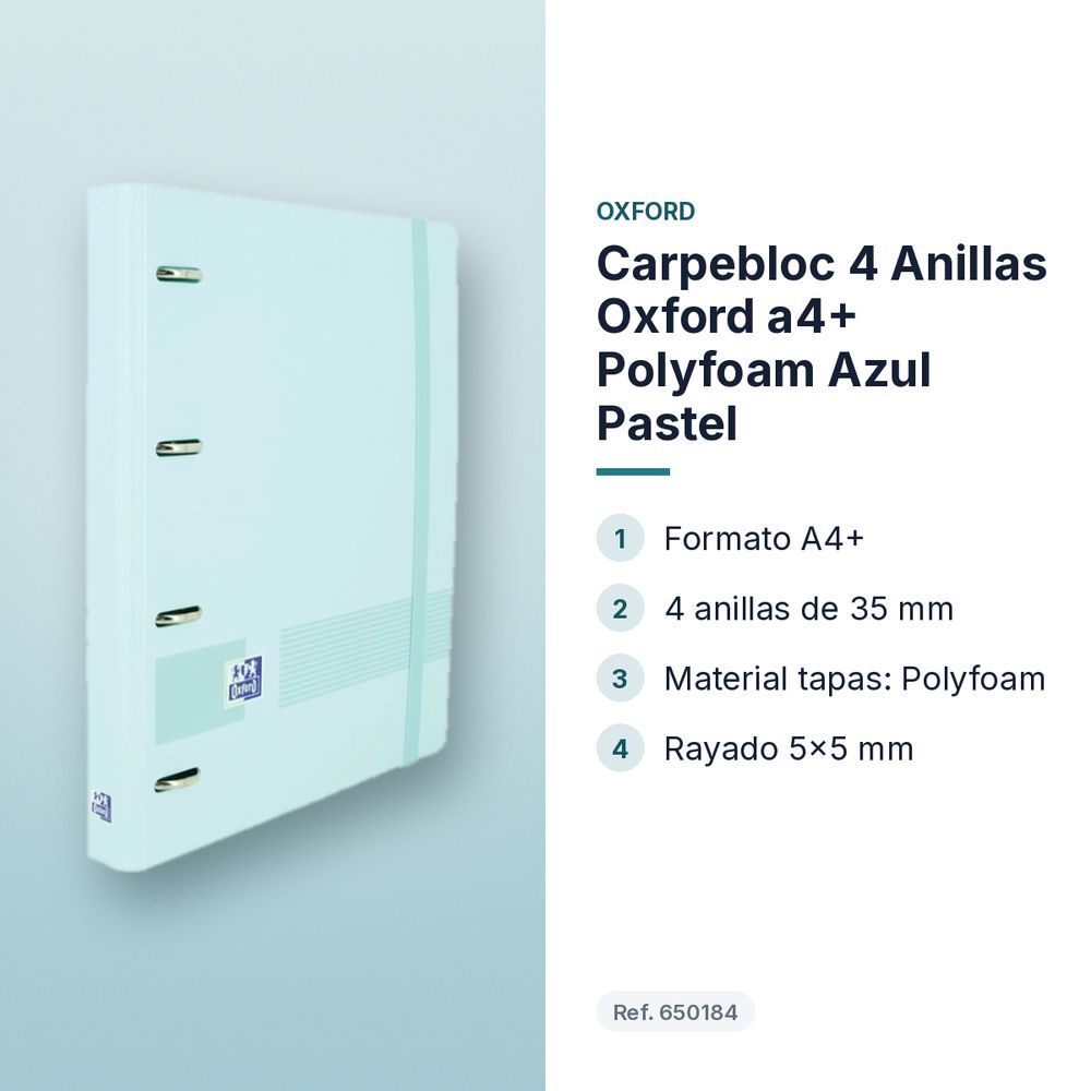 CARPEBLOC 4 ANILLAS OXFORD A4+ POLYFOAM AZUL PASTEL - características principales