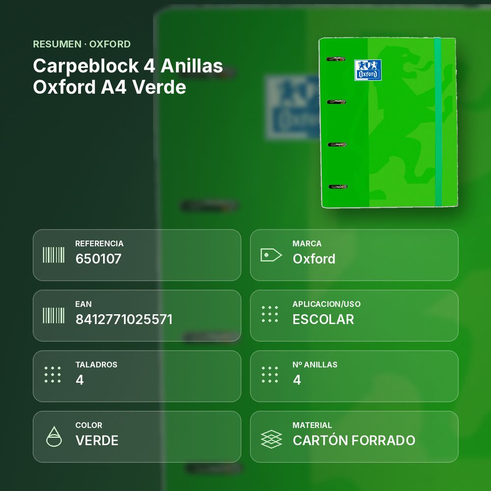 CARPEBLOCK 4 ANILLAS OXFORD A4 VERDE - resumen de atributos