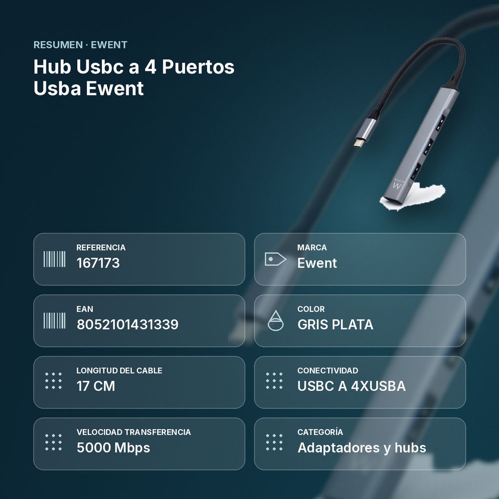 HUB USBC A 4 PUERTOS USBA EWENT - resumen de atributos