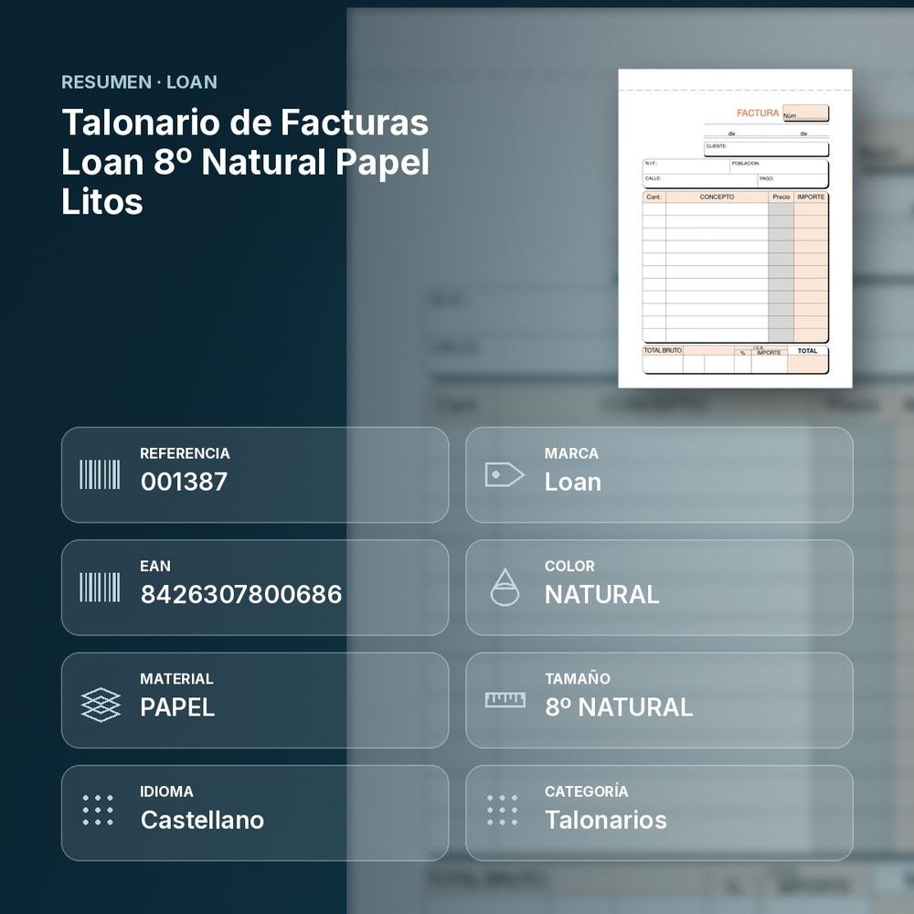 TALONARIO DE FACTURAS LOAN 8º NATURAL PAPEL LITOS - resumen de atributos