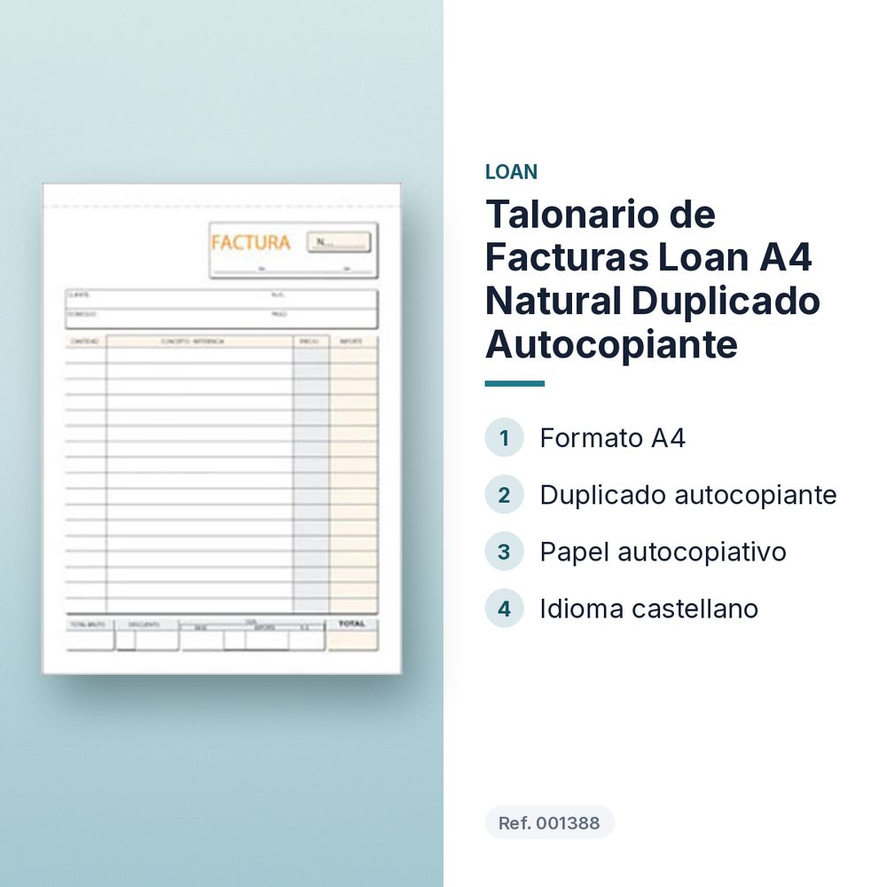 TALONARIO DE FACTURAS LOAN A4 NATURAL DUPLICADO AUTOCOPIANTE - características principales