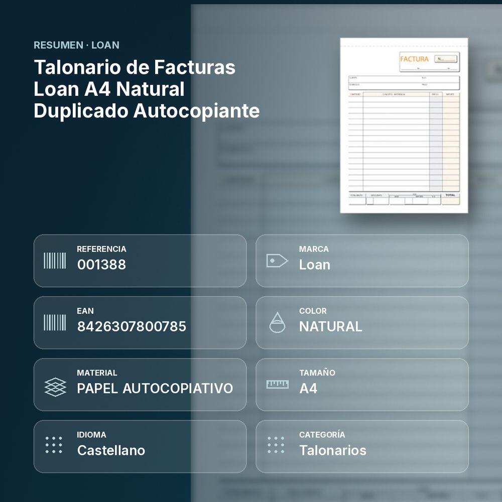 TALONARIO DE FACTURAS LOAN A4 NATURAL DUPLICADO AUTOCOPIANTE - resumen de atributos