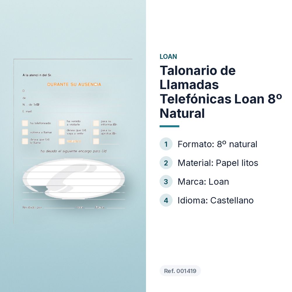 TALONARIO DE LLAMADAS TELEFÓNICAS LOAN 8º NATURAL - características principales