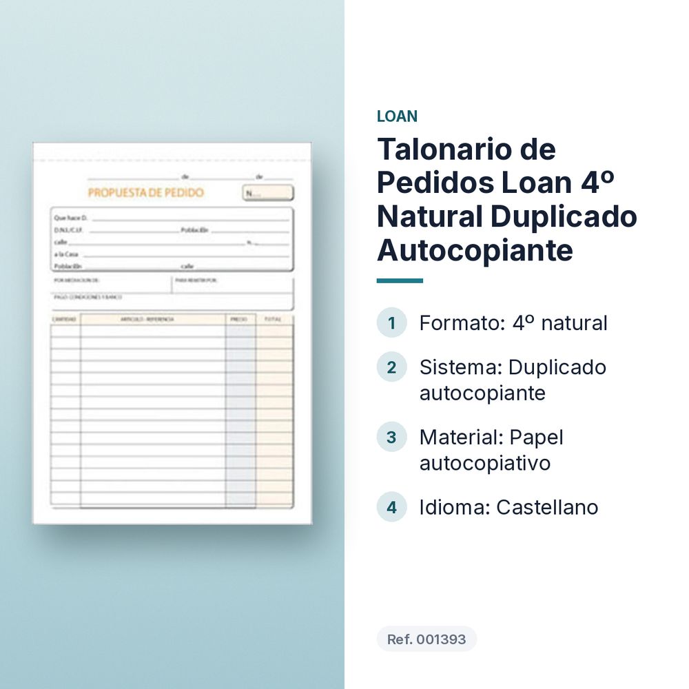 TALONARIO DE PEDIDOS LOAN 4º NATURAL DUPLICADO AUTOCOPIANTE - características principales