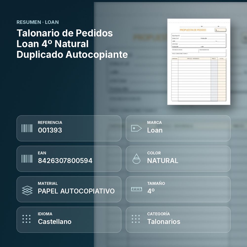 TALONARIO DE PEDIDOS LOAN 4º NATURAL DUPLICADO AUTOCOPIANTE - resumen de atributos