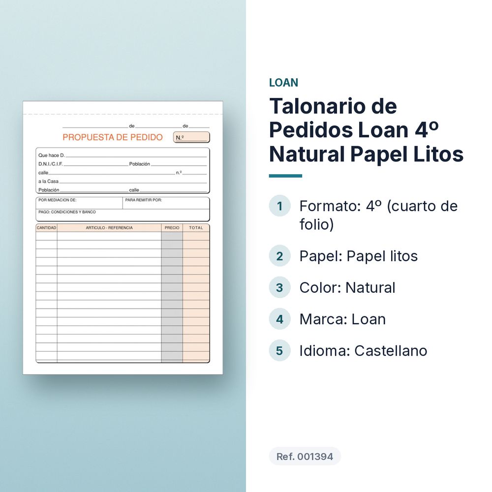 TALONARIO DE PEDIDOS LOAN 4º NATURAL PAPEL LITOS - características principales