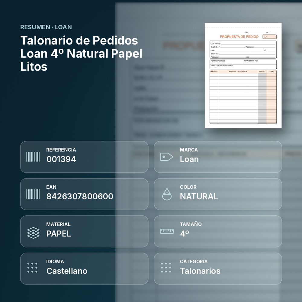 TALONARIO DE PEDIDOS LOAN 4º NATURAL PAPEL LITOS - resumen de atributos