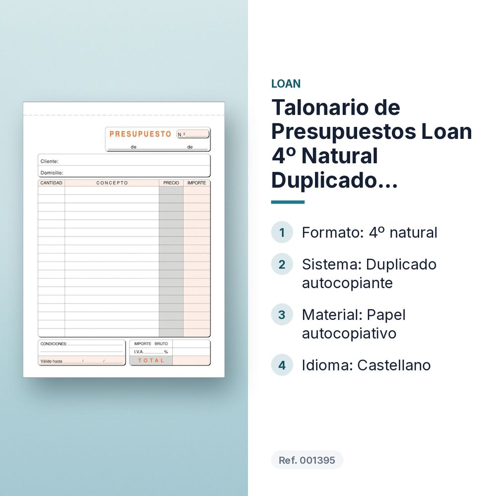 TALONARIO DE PRESUPUESTOS LOAN 4º NATURAL DUPLICADO AUTOCOPIANTE - características principales