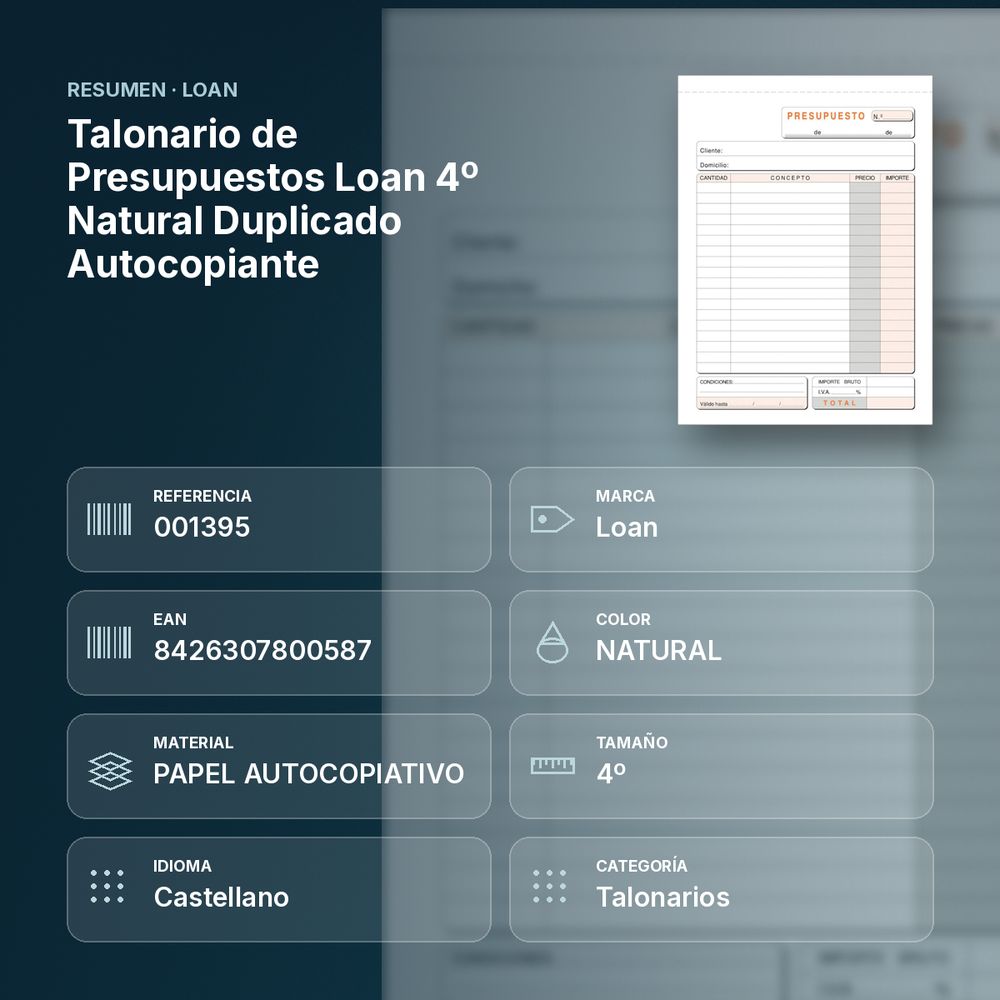 TALONARIO DE PRESUPUESTOS LOAN 4º NATURAL DUPLICADO AUTOCOPIANTE - resumen de atributos