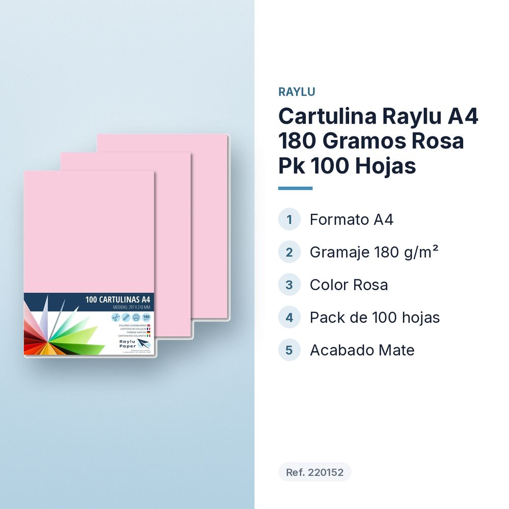 CARTULINA RAYLU A4 180 GRAMOS ROSA PK 100 HOJAS - características principales