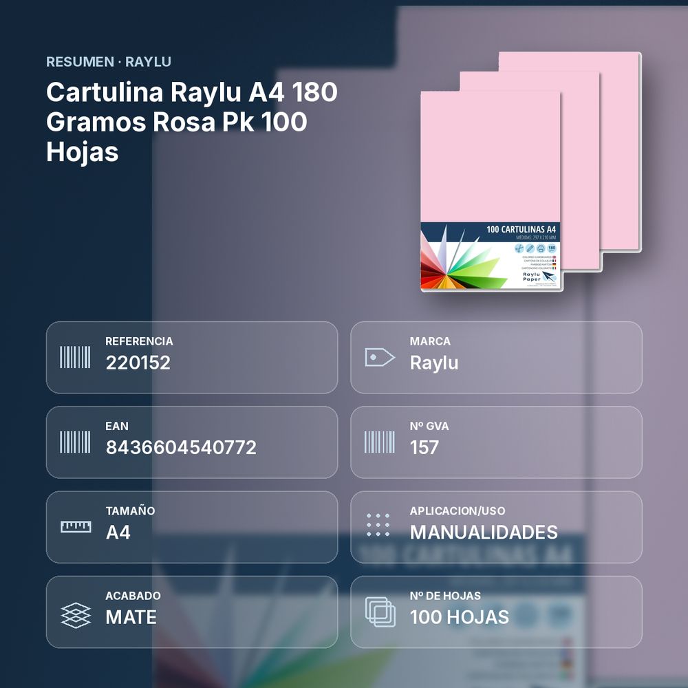 CARTULINA RAYLU A4 180 GRAMOS ROSA PK 100 HOJAS - resumen de atributos