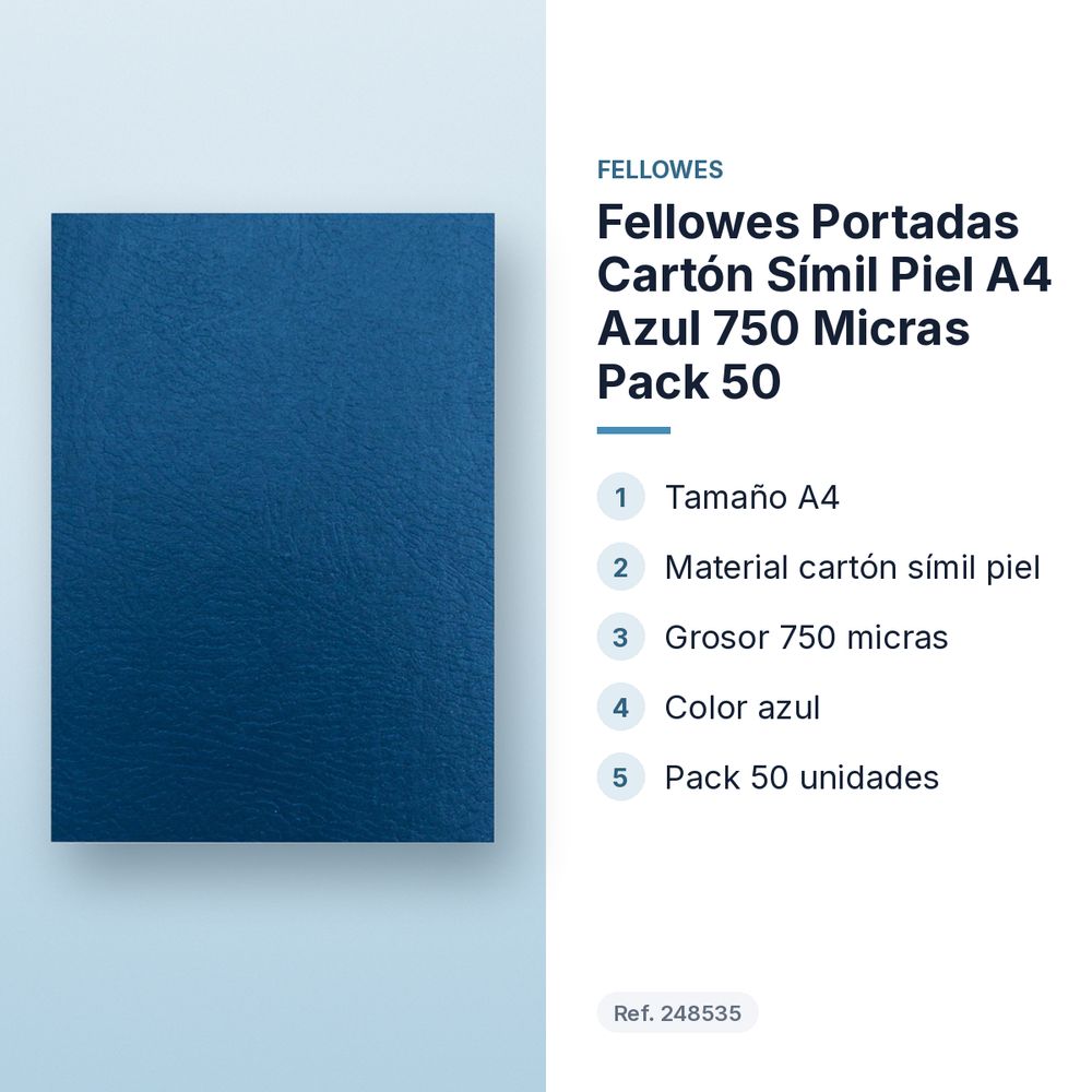 FELLOWES PORTADAS CARTÓN SÍMIL PIEL A4 AZUL 750 MICRAS PACK 50 - características principales