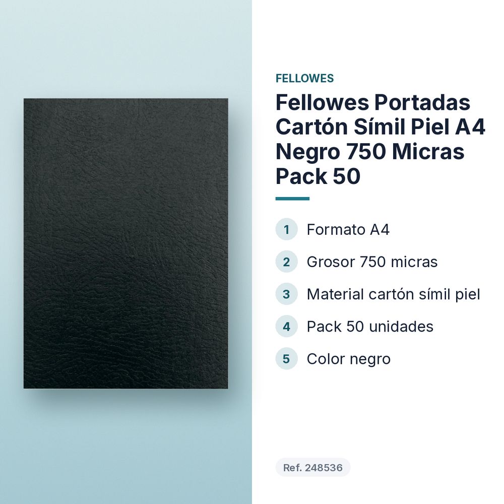 FELLOWES PORTADAS CARTÓN SÍMIL PIEL A4 NEGRO 750 MICRAS PACK 50 - características principales