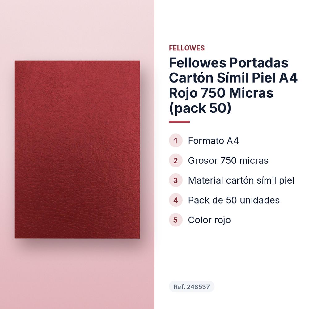 FELLOWES PORTADAS CARTÓN SÍMIL PIEL A4 ROJO 750 MICRAS (PACK 50) - características principales