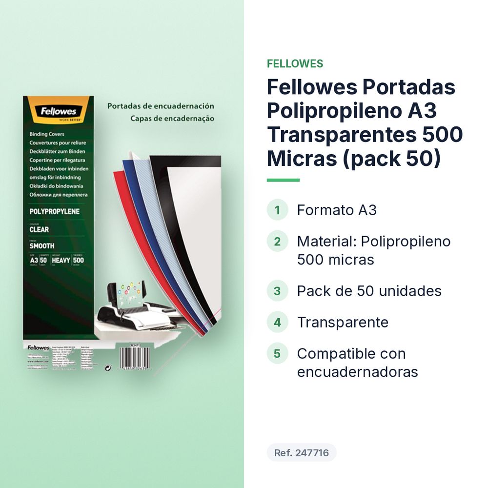 FELLOWES PORTADAS POLIPROPILENO A3 TRANSPARENTES 500 MICRAS (PACK 50) - características principales