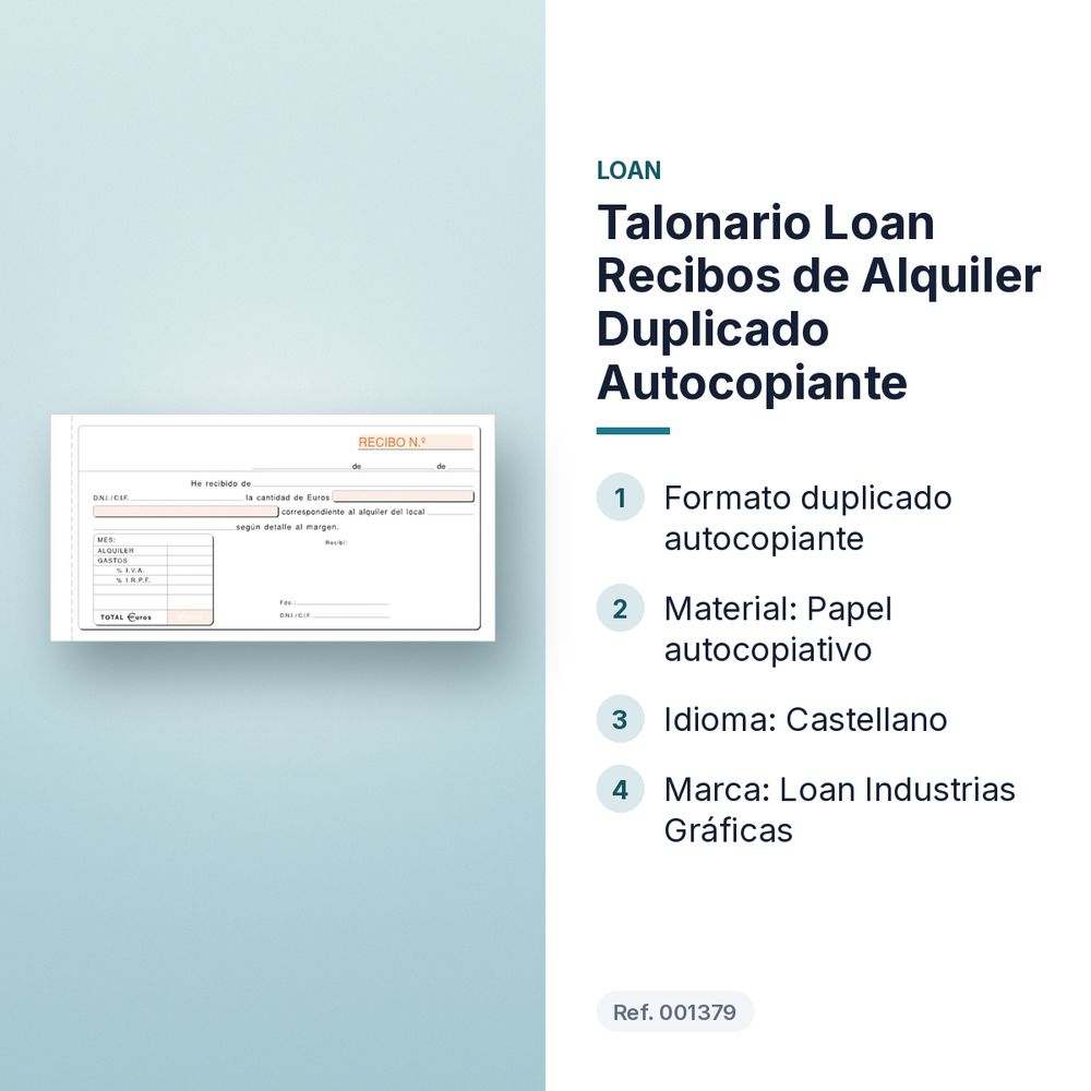 TALONARIO LOAN RECIBOS DE ALQUILER DUPLICADO AUTOCOPIANTE - características principales
