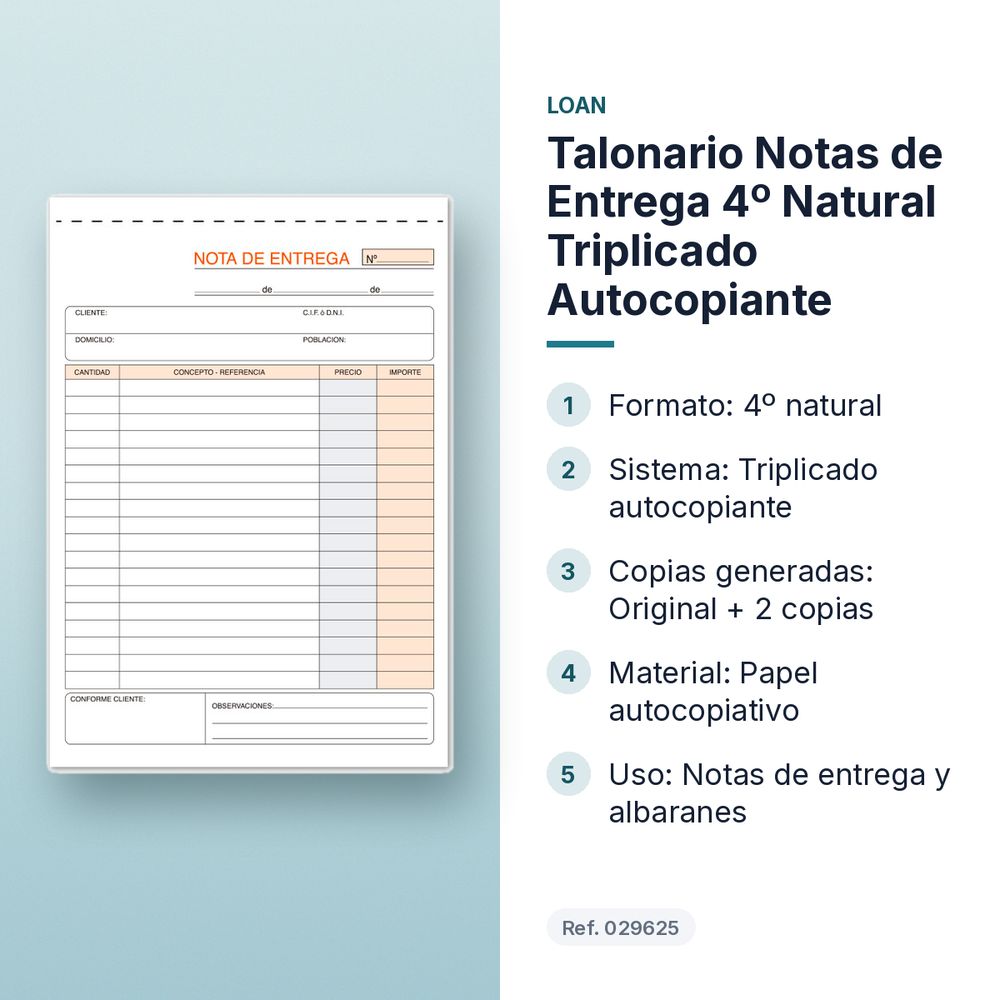 TALONARIO NOTAS DE ENTREGA 4º NATURAL TRIPLICADO AUTOCOPIANTE - características principales